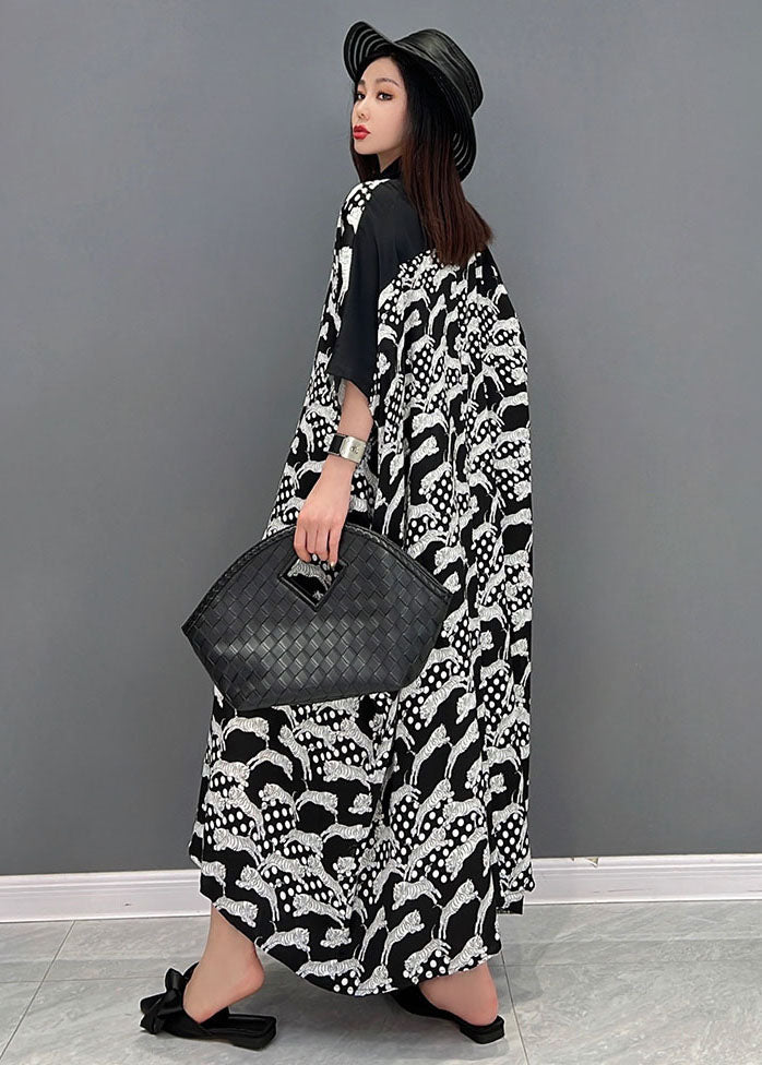 Black Peter Pan Collar Print Button Cotton Shirt Dress Short Sleeve