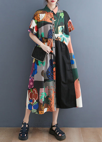 Black Peter Pan Collar Print Button Party Long Shirts Dress Short Sleeve