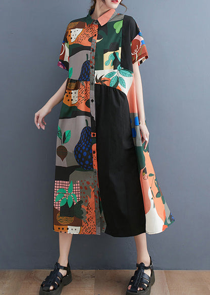 Black Peter Pan Collar Print Button Party Long Shirts Dress Short Sleeve