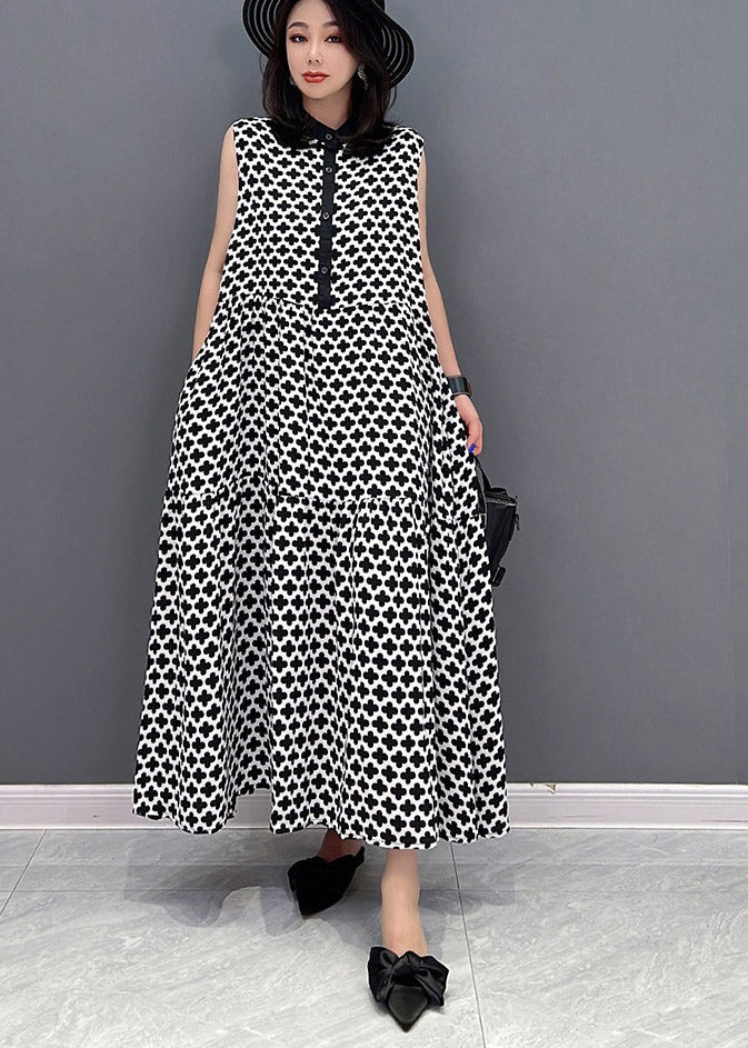 Black Peter Pan Collar Print Button Pockets Dress Sleeveless