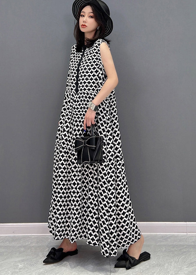 Black Peter Pan Collar Print Button Pockets Dress Sleeveless