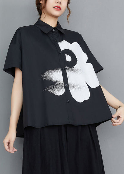 Black Peter Pan Collar Print Cotton Shirt Tops Summer