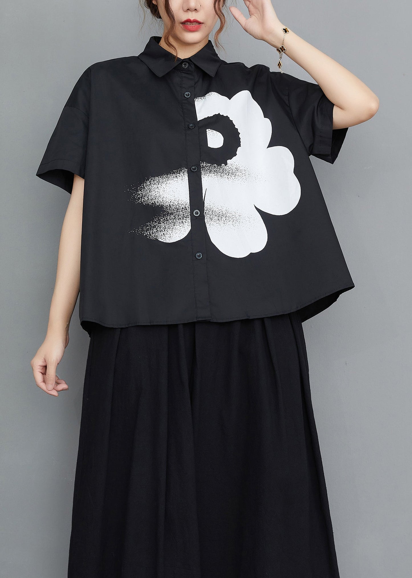 Black Peter Pan Collar Print Cotton Shirt Tops Summer