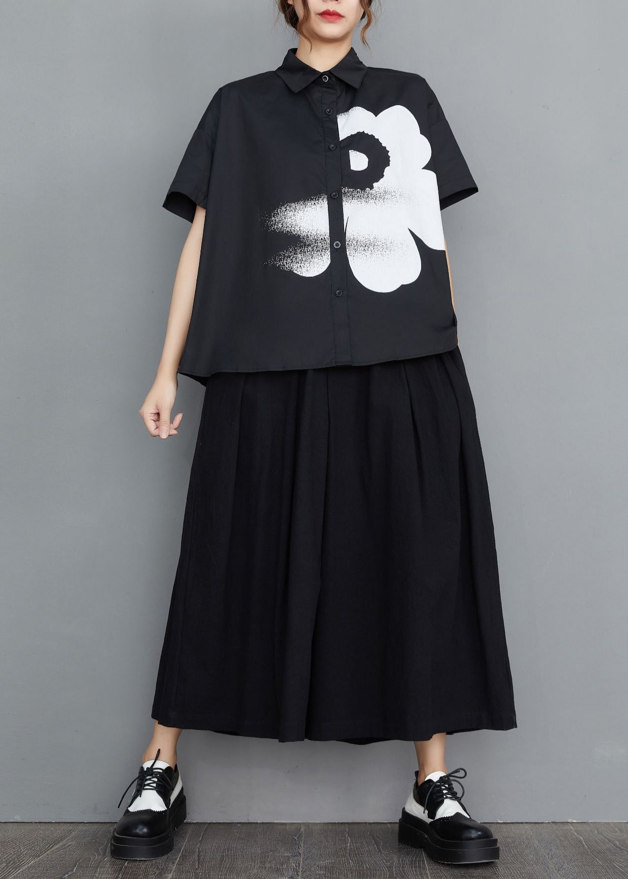 Black Peter Pan Collar Print Cotton Shirt Tops Summer