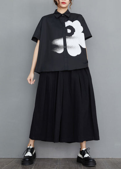 Black Peter Pan Collar Print Cotton Shirt Tops Summer