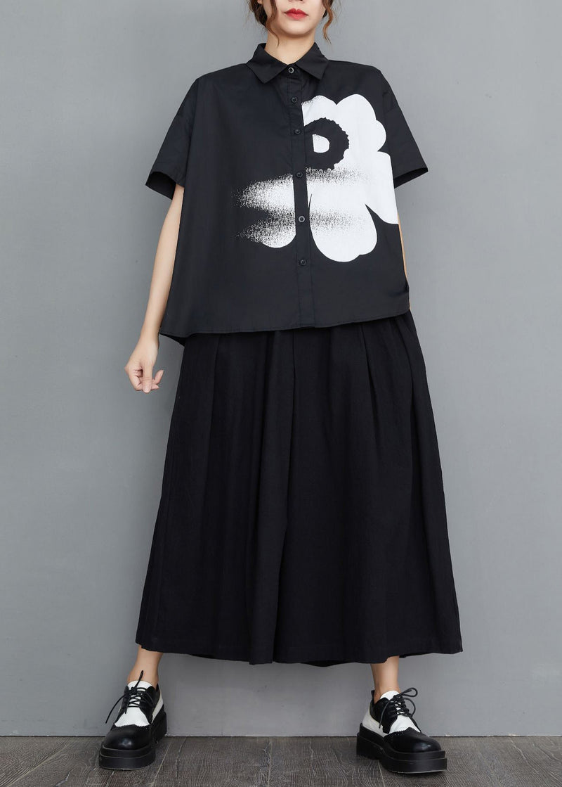Black Peter Pan Collar Print Cotton Shirt Tops Summer