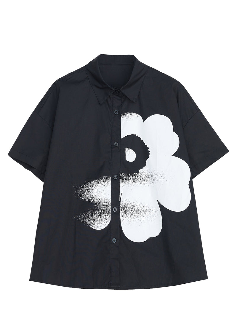 Black Peter Pan Collar Print Cotton Shirt Tops Summer