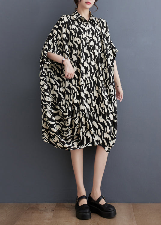 Black Peter Pan Collar Print Cotton Shirts Dress Batwing Sleeve