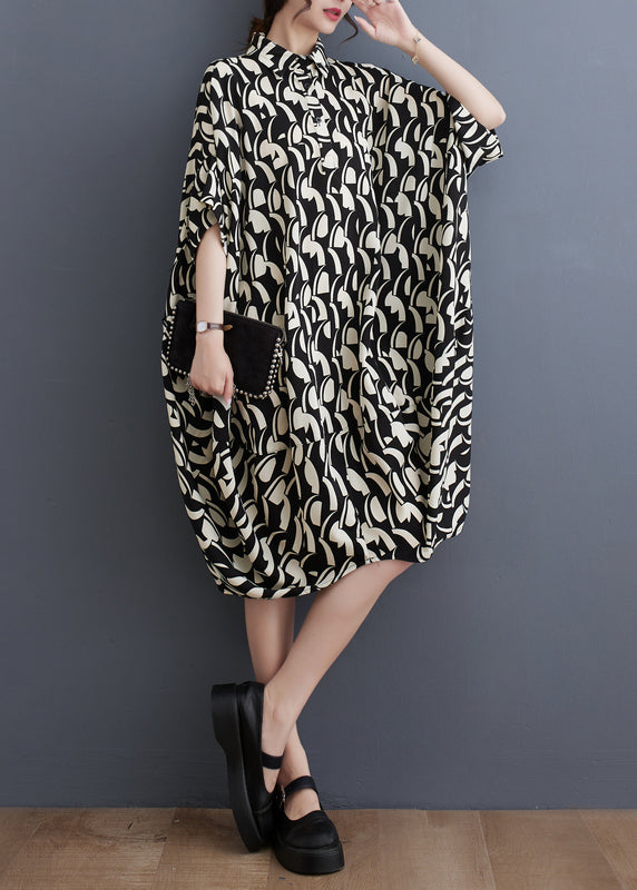 Black Peter Pan Collar Print Cotton Shirts Dress Batwing Sleeve