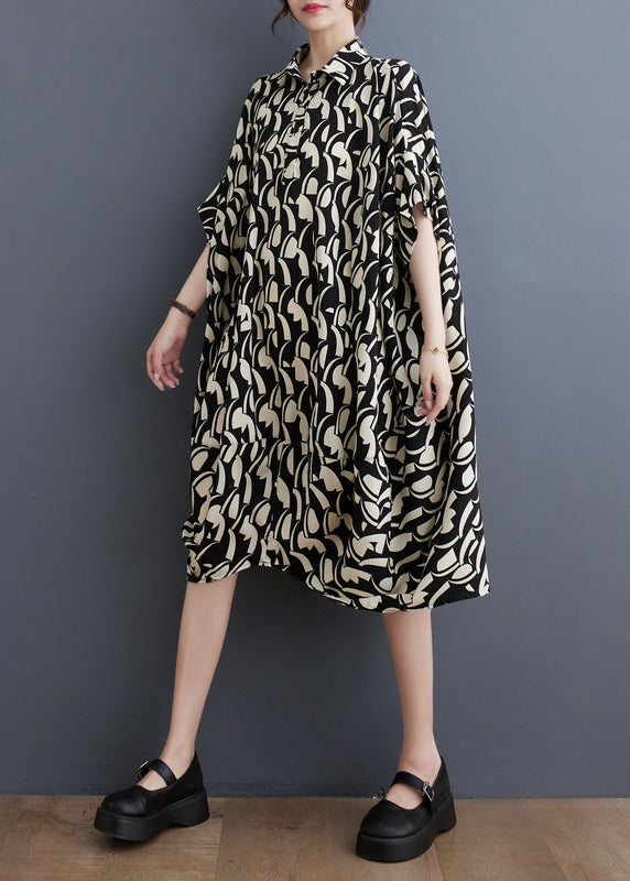Black Peter Pan Collar Print Cotton Shirts Dress Batwing Sleeve