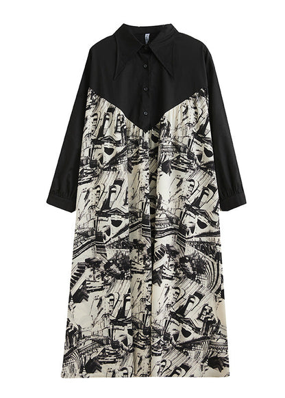 Black Peter Pan Collar Print Patchwork Button Maxi Dress Long Sleeve