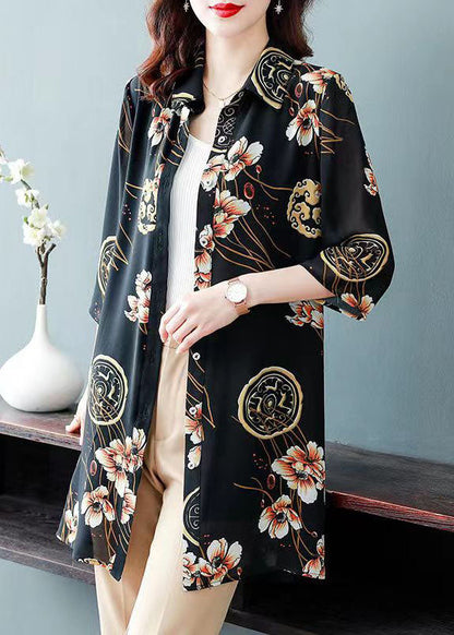 Black Peter Pan Collar Print Patchwork Chiffon Shirts Tops Summer