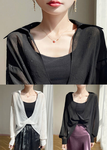 Plus Size Black Peter Pan Collar Solid Chiffon Blouses Fall