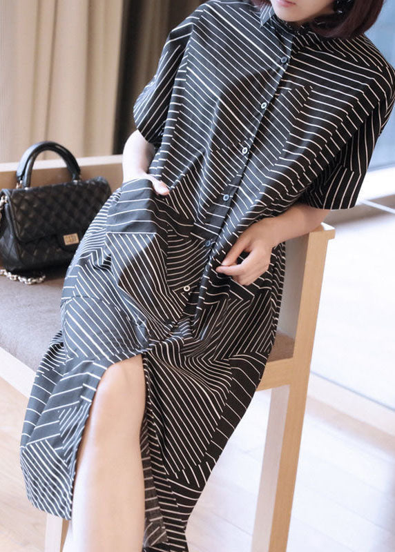 Black Peter Pan Collar Striped Maxi Dresses Summer
