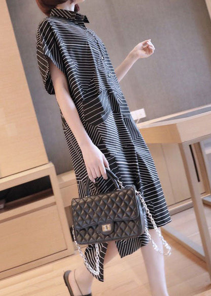 Black Peter Pan Collar Striped Maxi Dresses Summer