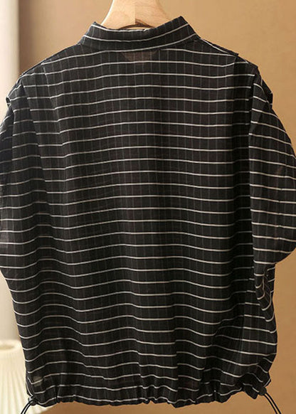 Black Peter Pan Collar Striped Pockets Drawstring Blouse Top Short Sleeve