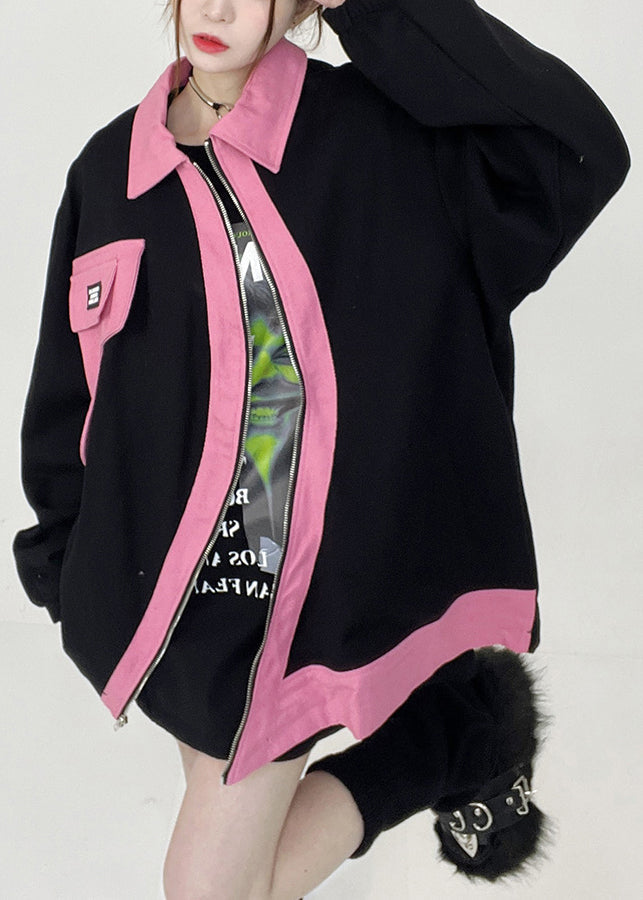 Black Peter Pan Collar Zip Up Cotton Coats Long Sleeve