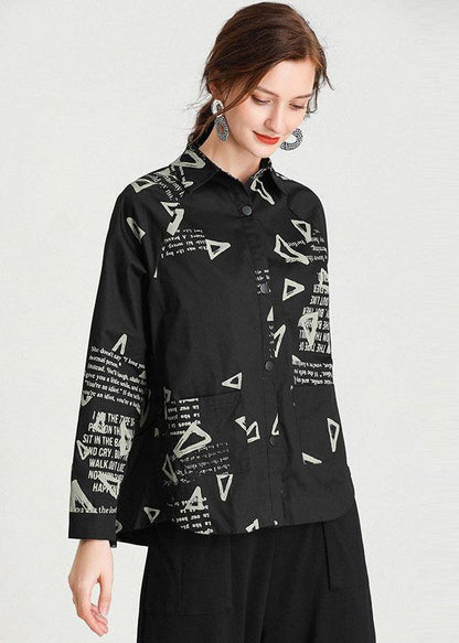 Plus Size Black PeterPan Collar Pockets Fall Cotton Shirt Tops Long Sleeve