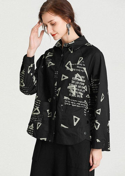 Plus Size Black PeterPan Collar Pockets Fall Cotton Shirt Tops Long Sleeve