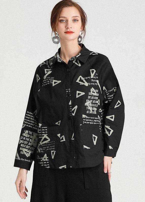 Plus Size Black PeterPan Collar Pockets Fall Cotton Shirt Tops Long Sleeve