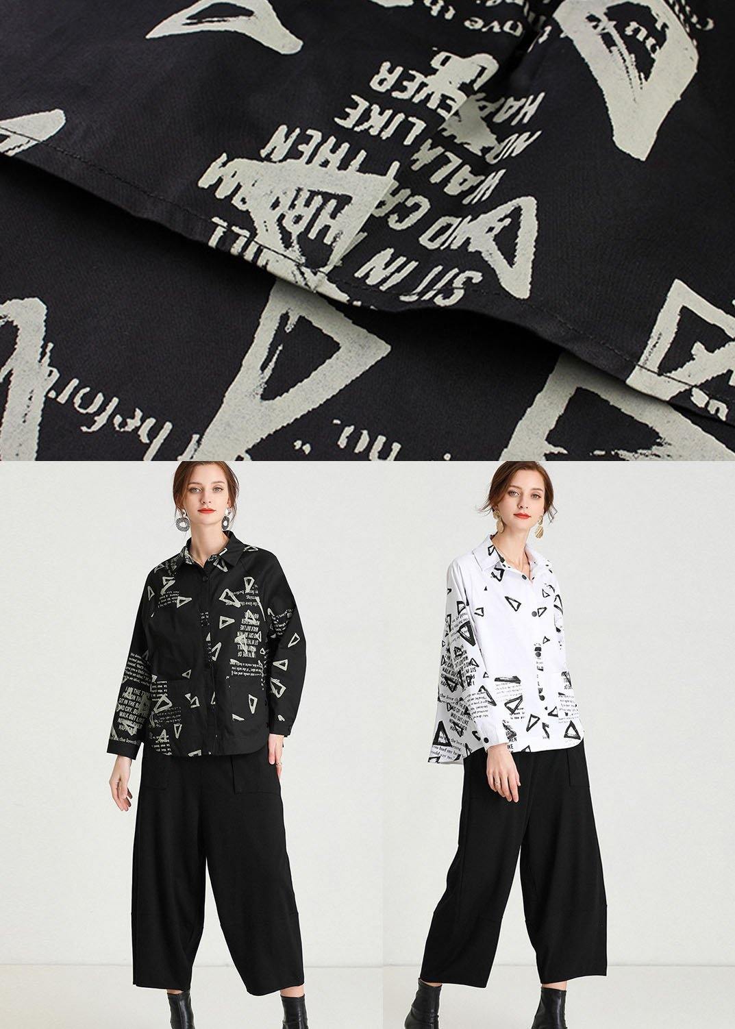 Plus Size Black PeterPan Collar Pockets Fall Cotton Shirt Tops Long Sleeve