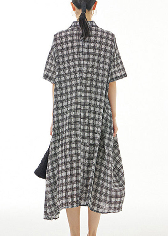 Black Plaid Button Cotton Maxi Dresses Summer