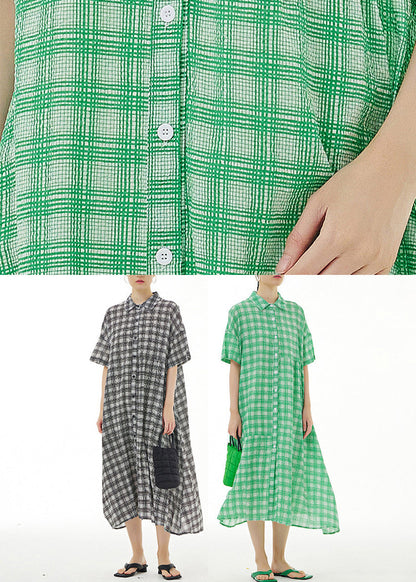 Black Plaid Button Cotton Maxi Dresses Summer