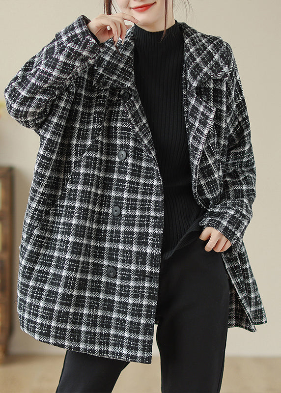 Black Plaid Peter Pan Collar Pockets Woolen Jacket Fall
