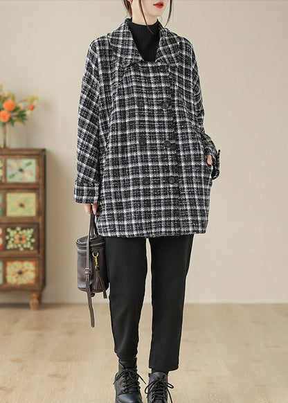 Black Plaid Peter Pan Collar Pockets Woolen Jacket Fall
