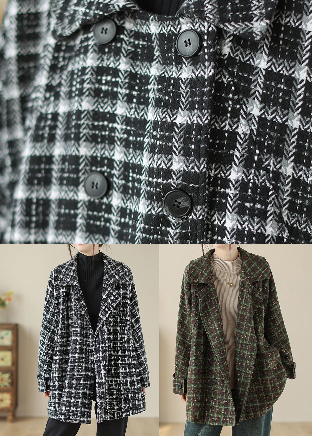 Black Plaid Peter Pan Collar Pockets Woolen Jacket Fall
