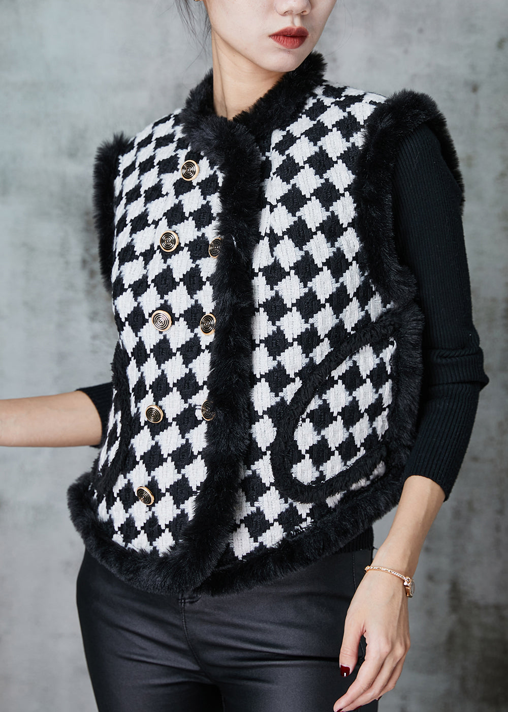 Black Plaid Warm Fleece Vests Spring