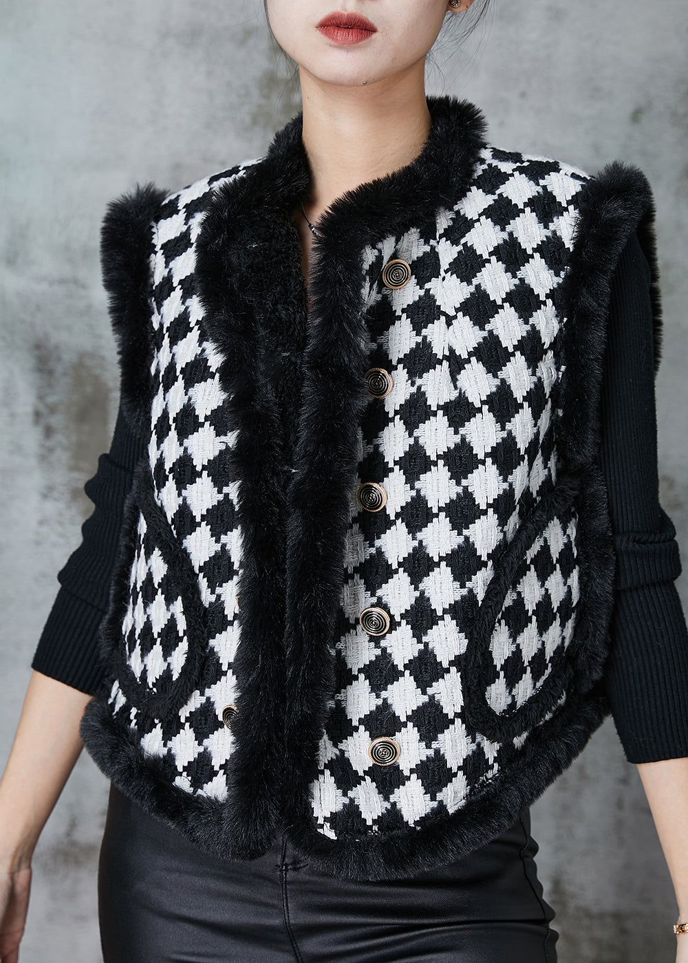 Black Plaid Warm Fleece Vests Spring