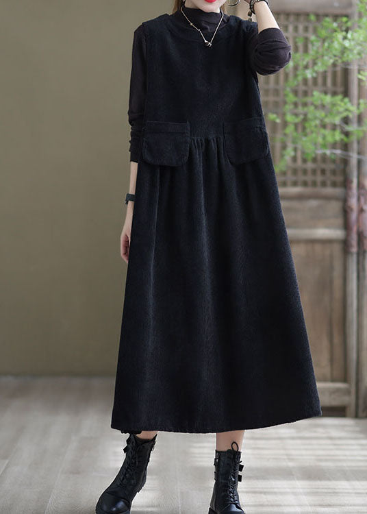 Black Pockets Corduroy Robe Dresses Sleeveless