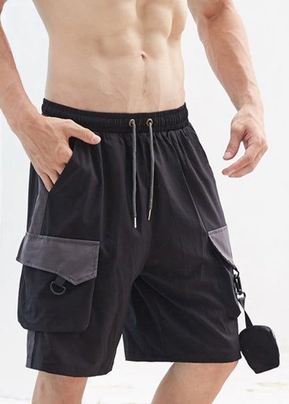 Black Pockets Elastic Waist Cotton Shorts Summer