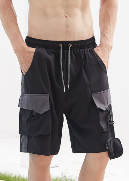 Black Pockets Elastic Waist Cotton Shorts Summer
