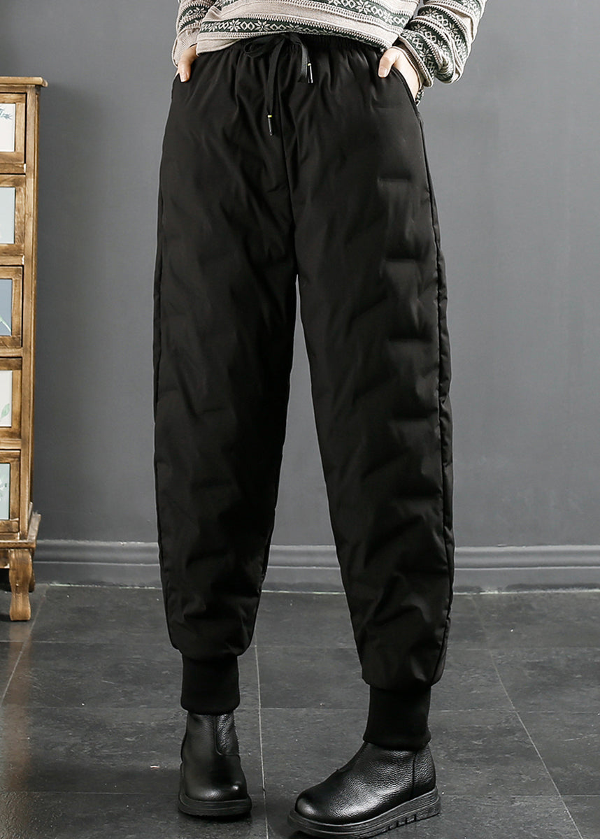 Black Pockets Elastic Waist Duck Down Beam Pants Winter
