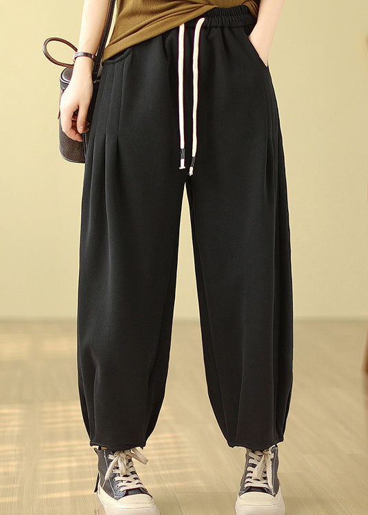 Black Pockets Elastic Waist Warm Fleece Pants Winter