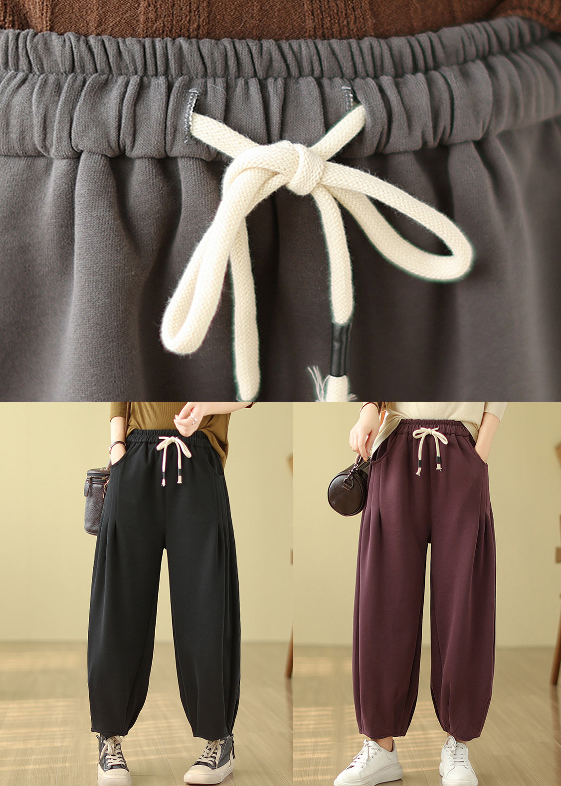 Black Pockets Elastic Waist Warm Fleece Pants Winter