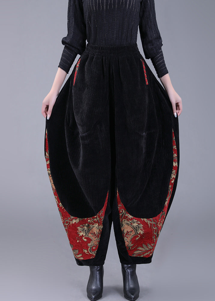 Black Pockets Embroidered Corduroy Lantern Pants Fall