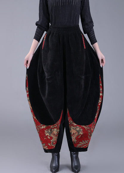 Black Pockets Embroidered Corduroy Lantern Pants Fall