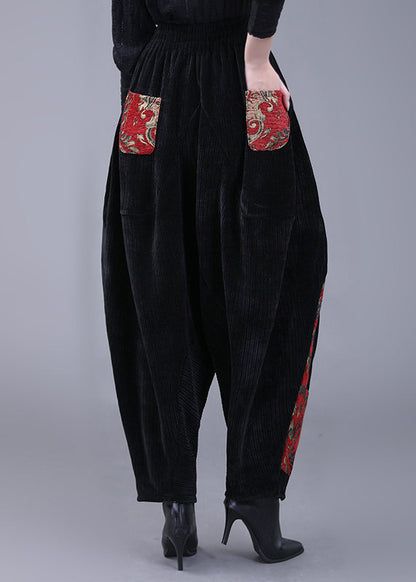 Black Pockets Embroidered Corduroy Lantern Pants Fall