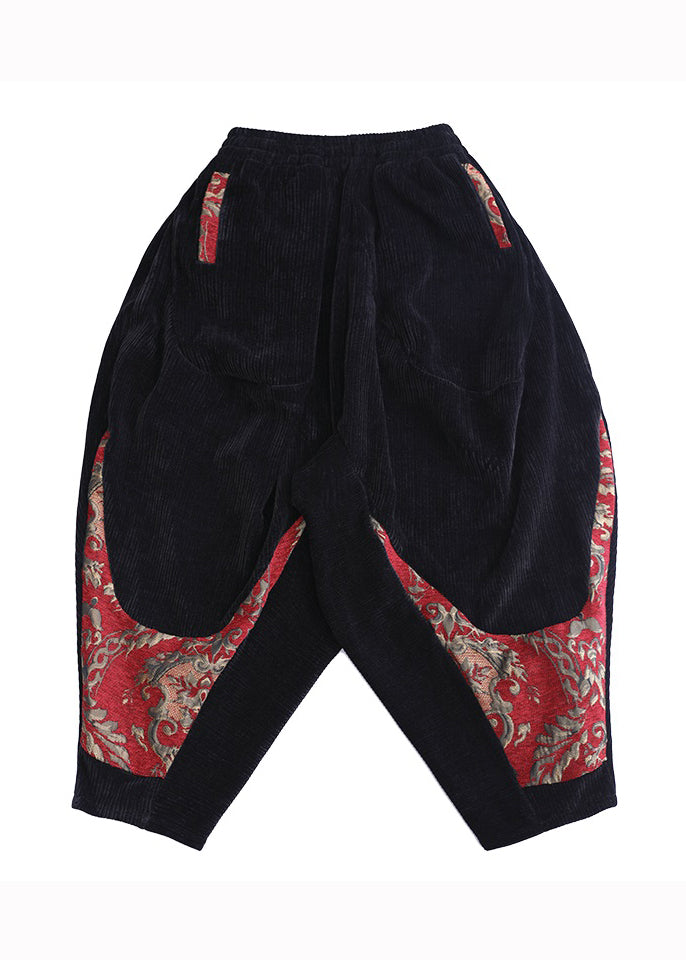 Black Pockets Embroidered Corduroy Lantern Pants Fall
