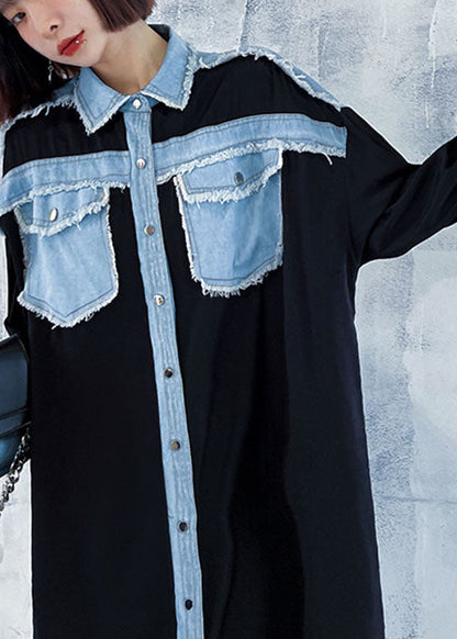 Black Pockets Patchwork Button Fall Dresses Long Sleeve