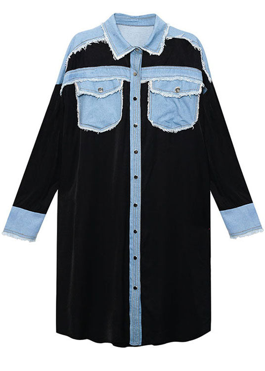 Black Pockets Patchwork Button Fall Dresses Long Sleeve