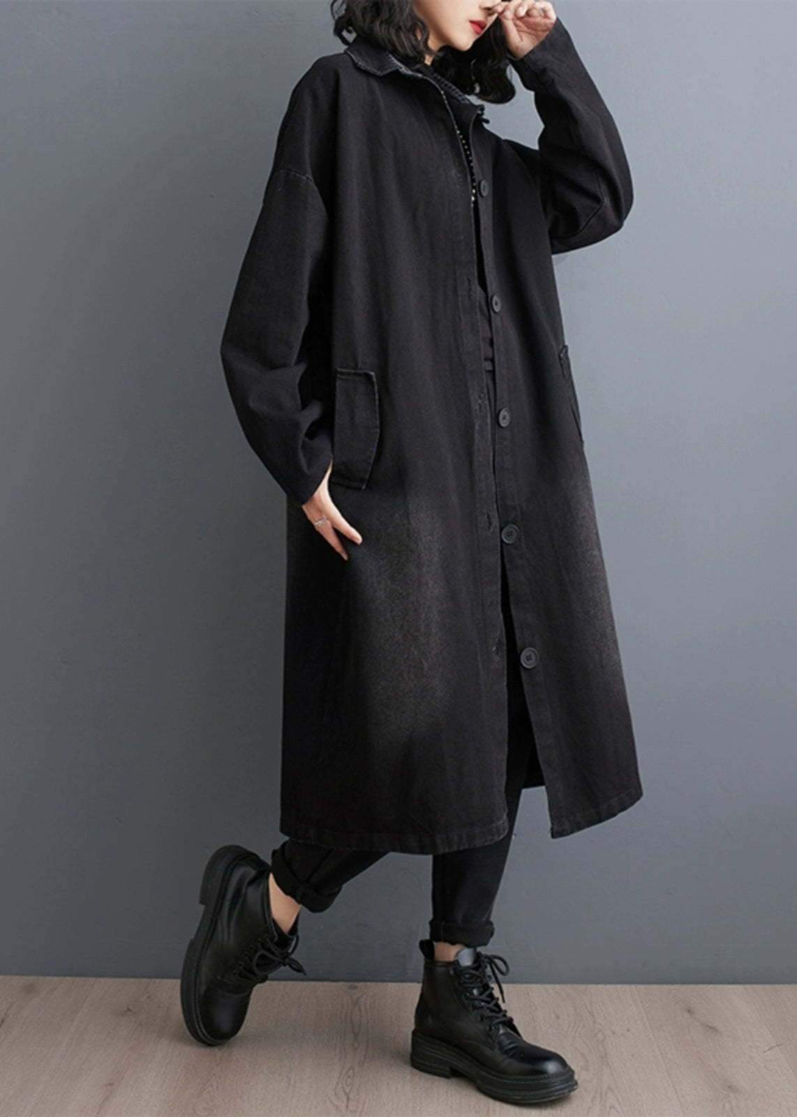 Black Pockets Patchwork Denim Trench Coats Fall