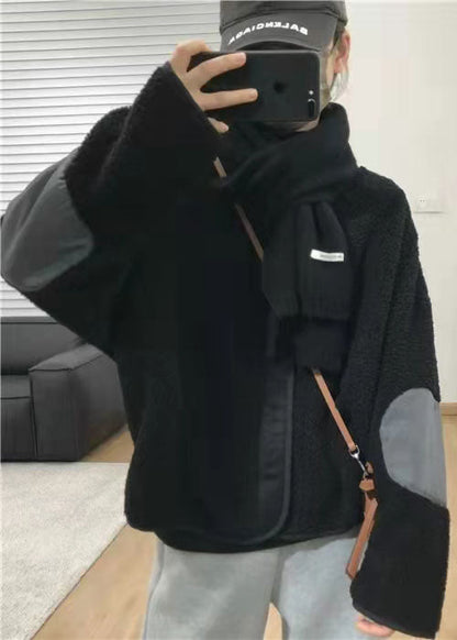Black Pockets Patchwork Faux Fur Coats Spring