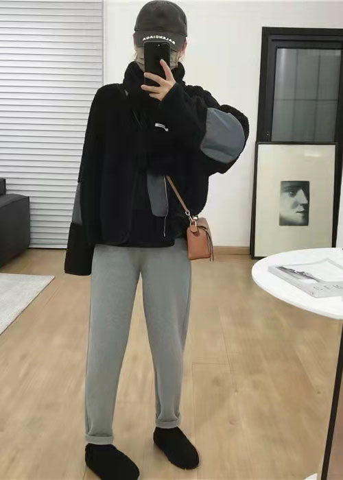 Black Pockets Patchwork Faux Fur Coats Spring