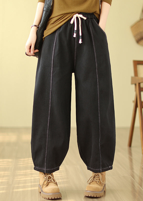 Black Pockets Patchwork Warm Fleece Denim Pants Winter