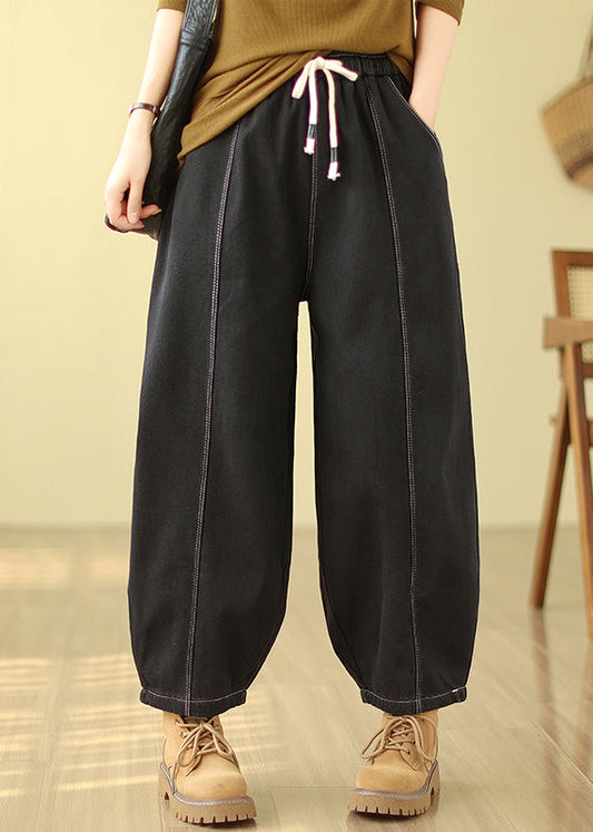 Black Pockets Patchwork Warm Fleece Denim Pants Winter