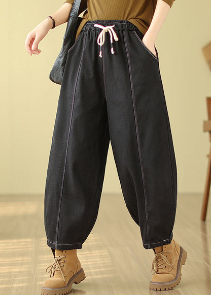 Black Pockets Patchwork Warm Fleece Denim Pants Winter